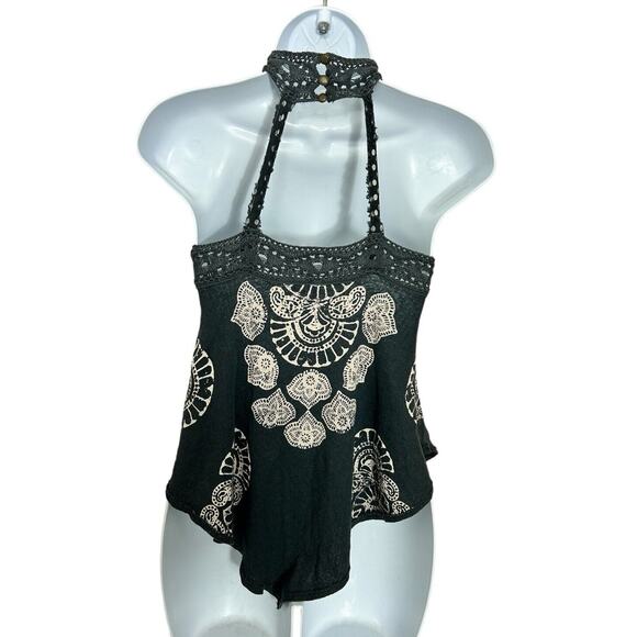 Free People Mandolin Crochet Boho Blouse Sz XS Gray High Neck Tank Top Linen - Picture 10 of 10